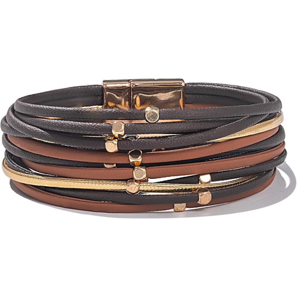 Beaded Leather Wrap Bracelets Cute Boho Stackable Bangle Cuff with Magnetic Clas